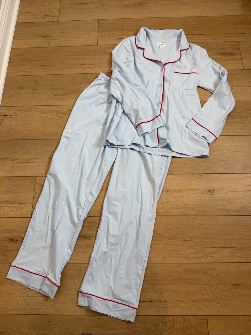 BedHead Pajamas Set Womens M Blue Red Trim Cotton Stretch Button Front Sleep